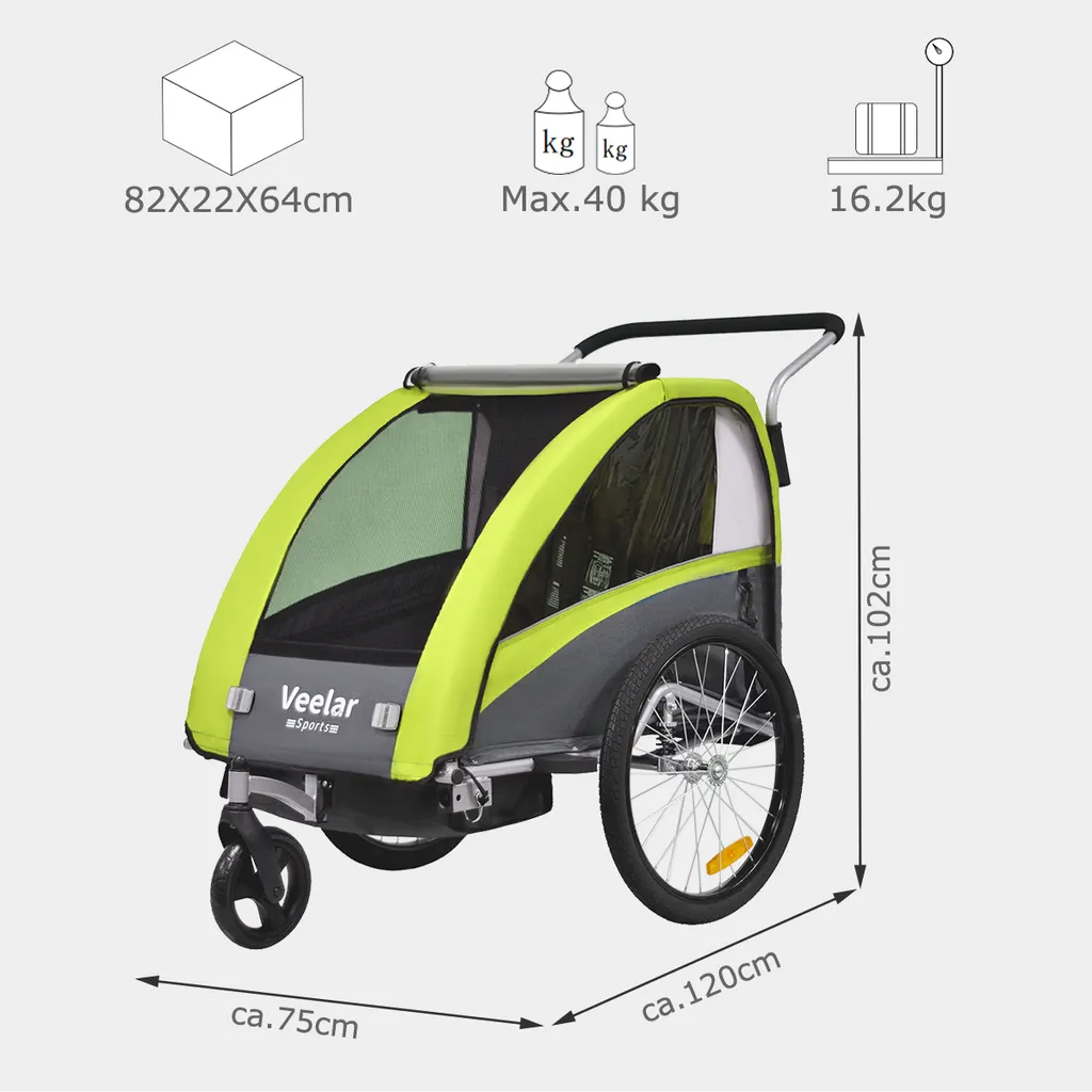 TIGGO VS 2 in 1 Kinderanhänger Jogger mit FederungFahrradanhänger Buggy für 1-2 Kinder 360° Drehbar (Grün) – Bild 4