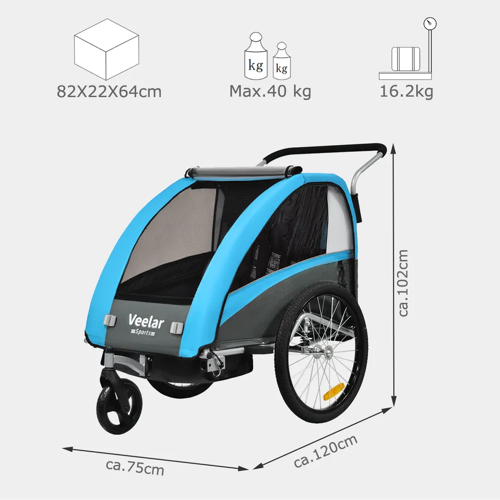 TIGGO VS 2 in 1 Kinderanhänger Jogger mit FederungFahrradanhänger Buggy für 1-2 Kinder 360° Drehbar (Blau) – Bild 6